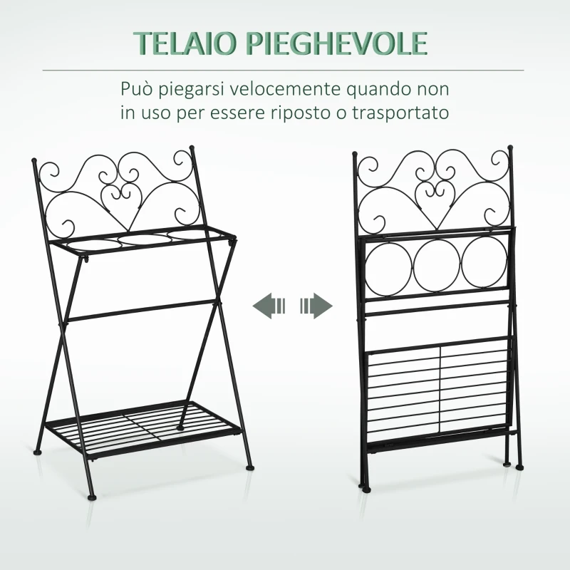 Outsunny Portapiante in Metallo Pieghevole con 3 Vasi e Ripiano Inferiore per Casa e Giardino, 47x37x78.5cm, Nero