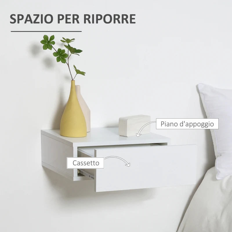 HOMCOM Set 2 Comodini Sospesi in Legno, Design Moderno, 40x30x15cm - Bianco