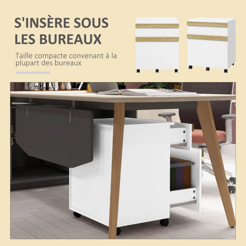 Vinsetto Caisson de bureau à roulettes avec 2 tiroirs coulissants trieur à dossiers 48 x 40 x 59,5 cm blanc