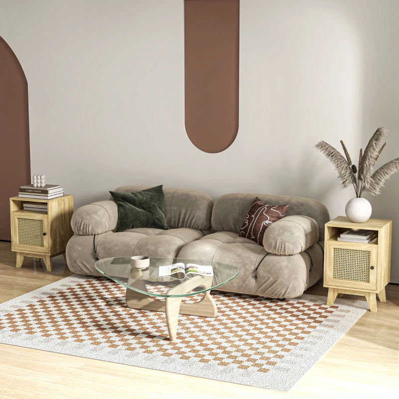 HOMCOM 2-Piece Narrow Rattan Nightstands, Side End Table with Shelf and Cupboard, 39cm x 35cm x 60cm, Natural