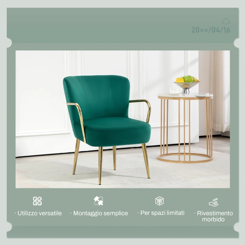 HOMCOM Poltrona da Camera Retrò in Velluto con Braccioli, Gambe Dorate e Seduta Imbottita, Verde