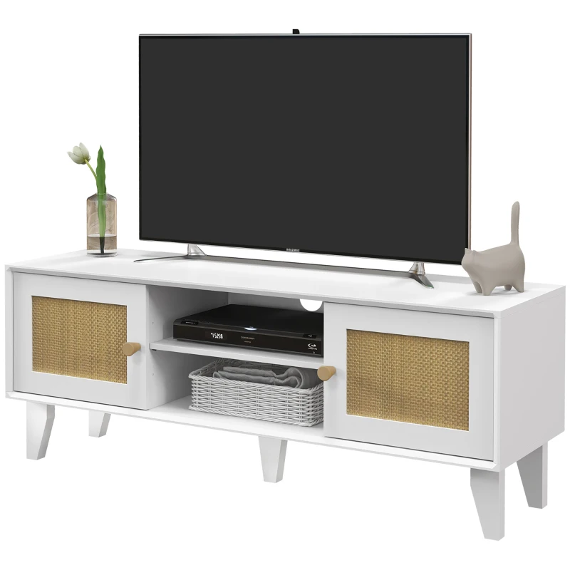 HOMCOM Mueble de TV de Salón Mesa para Televisores de hasta 55" con 2 Puertas de Ratán Estante Ajustable 120x35x46 cm Blanco