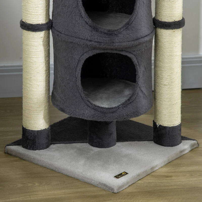 PawHut Tiragraffi per Gatti max 5kg con Casetta, Lettino e Pallina da Gioco, in Truciolato, Peluche e Iuta, 39x39x114 cm