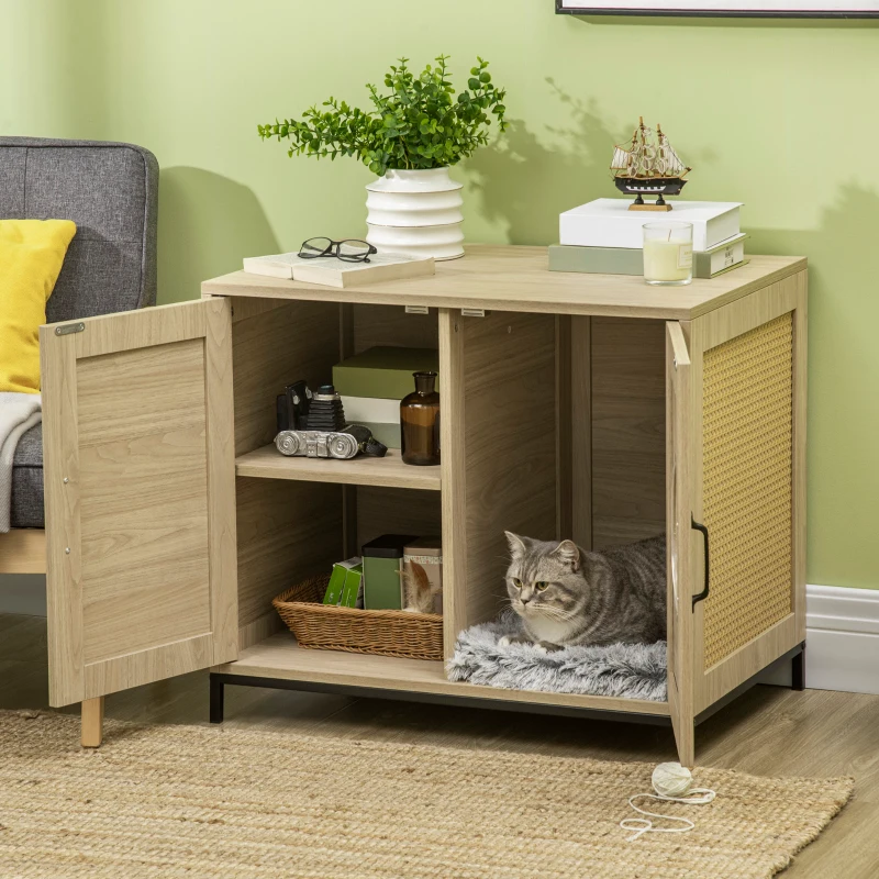 PawHut Meuble maison de toilette pour chat 2 en 1 niche cabane pour chat meuble cache litière chat avec double porte châssis Acier Panneaux Particules Aspect Bois Clair