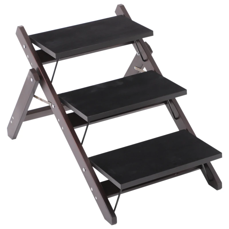 PawHut Escalier pour chien animaux pliable rampe 3 marches dim. 79L x 42l x 48H cm bois pin revêtement marches velours chocolat