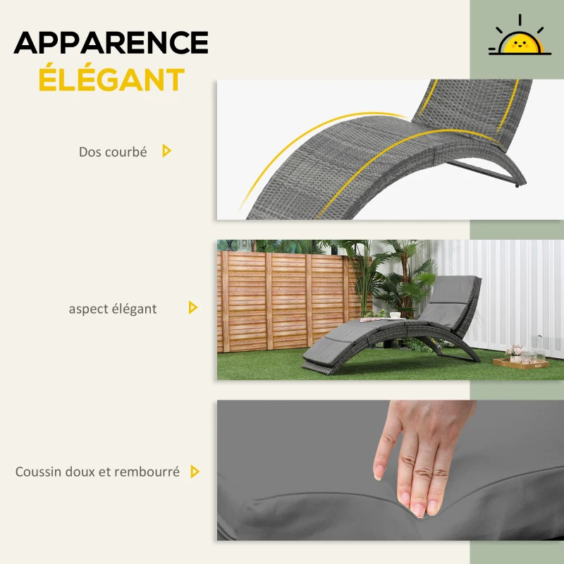 Outsunny Bain de soleil transat pliable chaise longue d'extérieur avec matelas grand confort en métal et résine tressée - gris