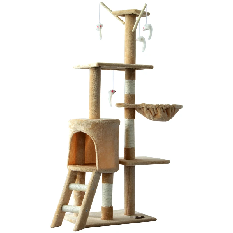 PawHut Arbre à chats multi-équipements griffoirs grattoirs plateformes niche échelle hamac jouets 50L x 35l x 131H cm beige