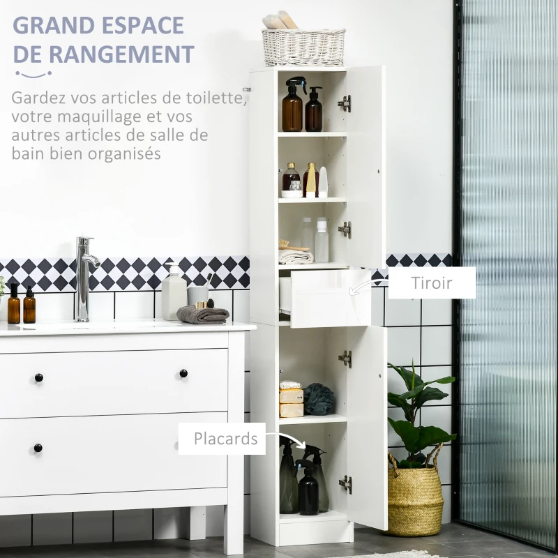 kleankin Meuble colonne rangement salle de bain style contemporain 2 placards 3 étagères et 1 tiroir coulissant panneaux particules brillant dim. 30l x 28P x 170H cm blanc laqué