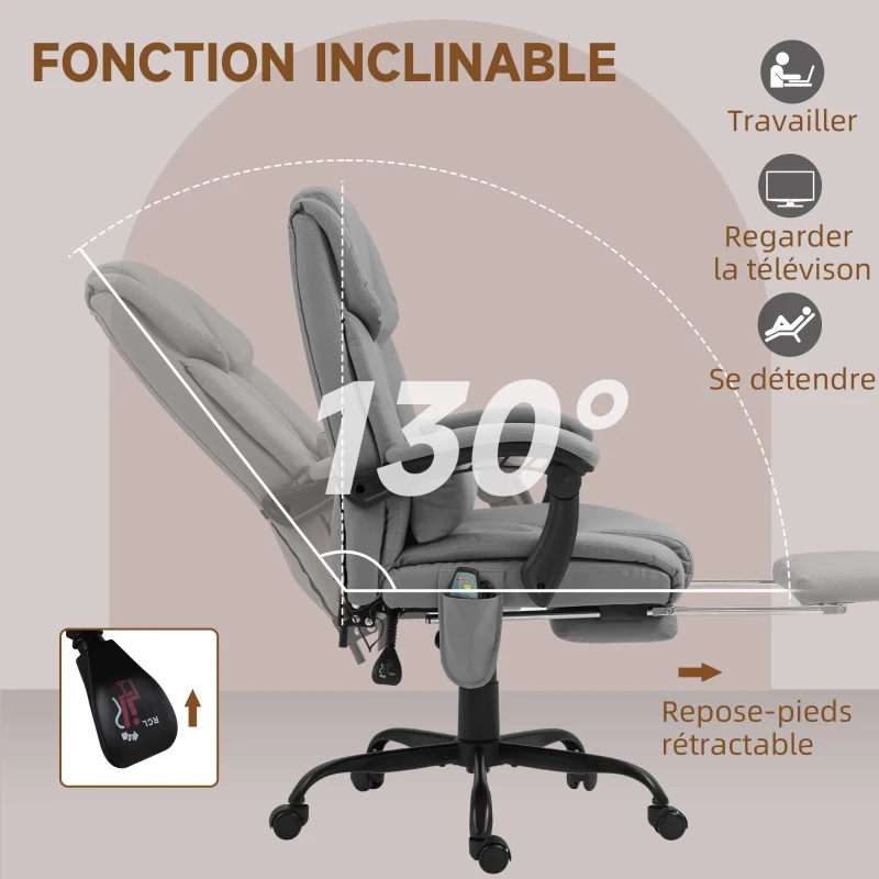 Vinsetto Fauteuil de bureau massant avec repose-pied, hauteur réglable, dossier inclinable, télécommande filaire, pivotant à 360°