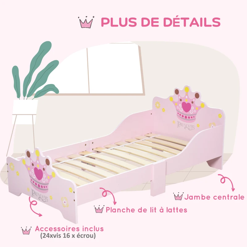 HOMCOM Lit Enfant et Ensemble table et chaises enfant - Design Princesse Motif Couronne - sommier à Lattes Inclus - Rose