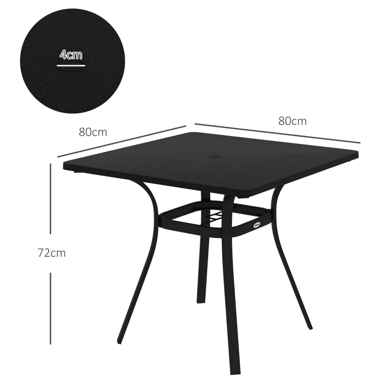 Outsunny Mesa de Jardín con Marco de Acero y Encimera de Metal con Orificio para Sombrilla para Balcón Patio 80x80x72 cm Negro