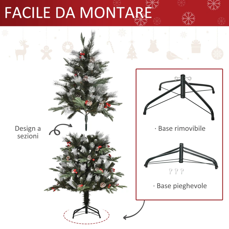 HOMCOM Albero di Natale Innevato 150cm con Bacche Rosse e Pigne Bianche, Base Rimovibile Pieghevole, 440 Rami, Verde