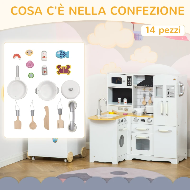 HOMCOM Cucina Giocattolo in Legno per Bambini 3-6 Anni con 14 Accessori, Forno e Lavandino, 82x65x87 cm, Bianco