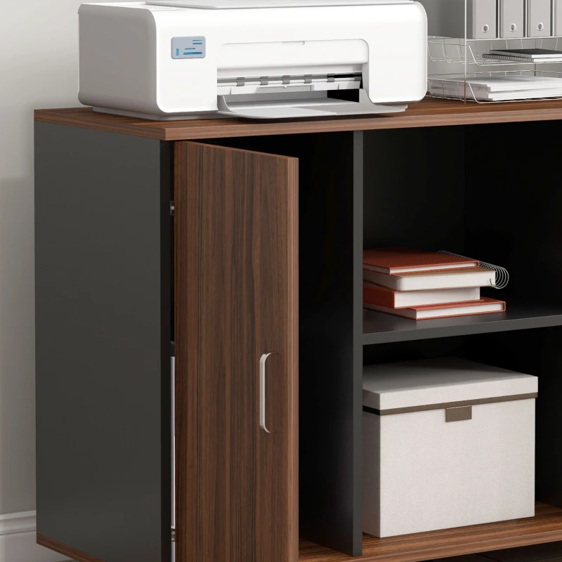 HOMCOM Lateral Filing Cabinet on Wheels, Mobile File Cabinet with Cabinet, Home Office Printer Stand with Casters and Open Compartments for Living Room, Walnut Brown,