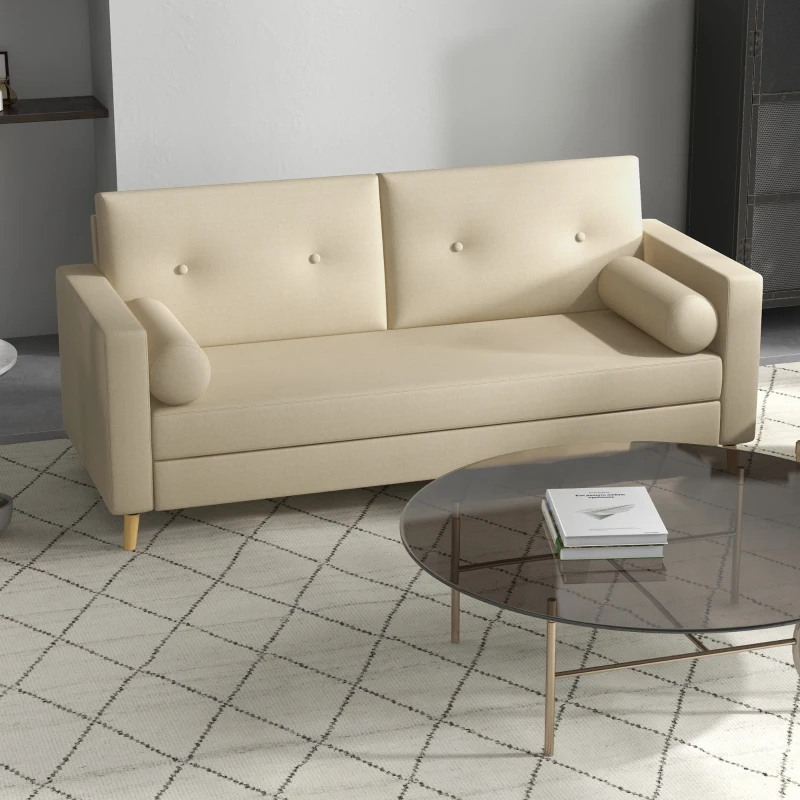 HOMCOM Canapé 3 places 180 cm style scandinave 2 petits coussins supplémentaires piètement bois revêtement tissu blanc crème