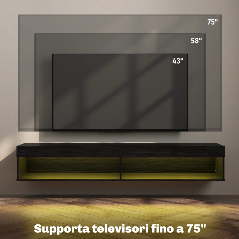 HOMCOM Mobile Porta TV fino 75" Sospeso con Luci LED 16 Colori e Telecomando, 180x40x30cm, Nero