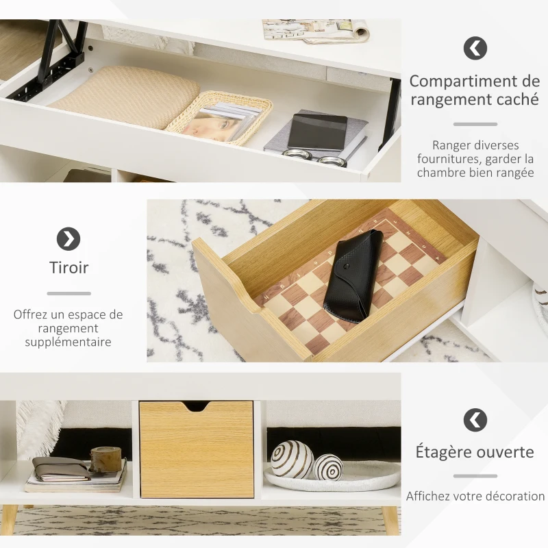 HOMCOM Table basse rectangulaire avec plateau relevable 1 tiroir, 2 niches et coffre - en bois aspect bois clair et blanc