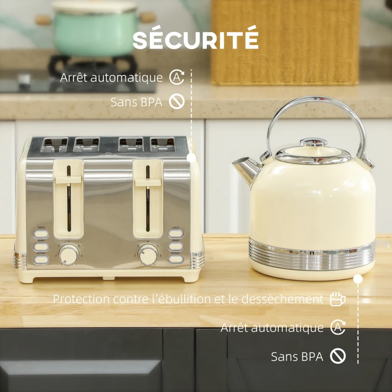 HOMCOM Ensemble bouilloire grille-pain, bouilloire en acier inoxydable 1,7 L et 2200 W et grille-pain à 4 tranches, crème
