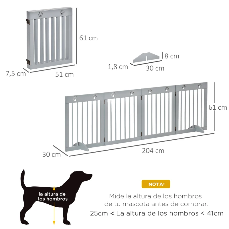PawHut Barrera de Seguridad para Perros Plegable de 4 Paneles con Estructura de Madera y Patas de Apoyo 204x30x61 cm Gris Claro
