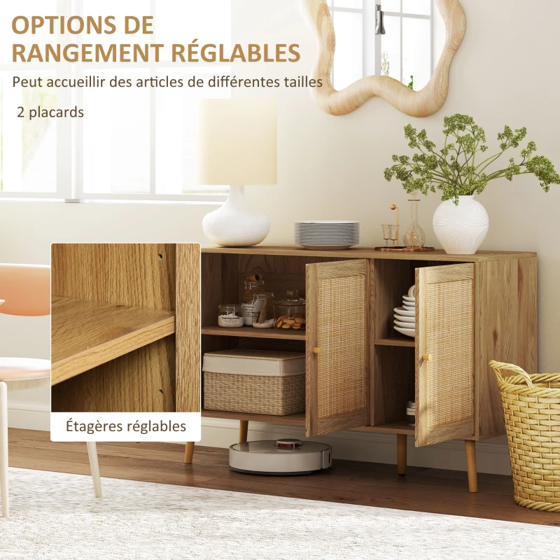 HOMCOM Buffet salon meuble de rangement avec placards à portes en rotin et étagère réglable, bois naturel
