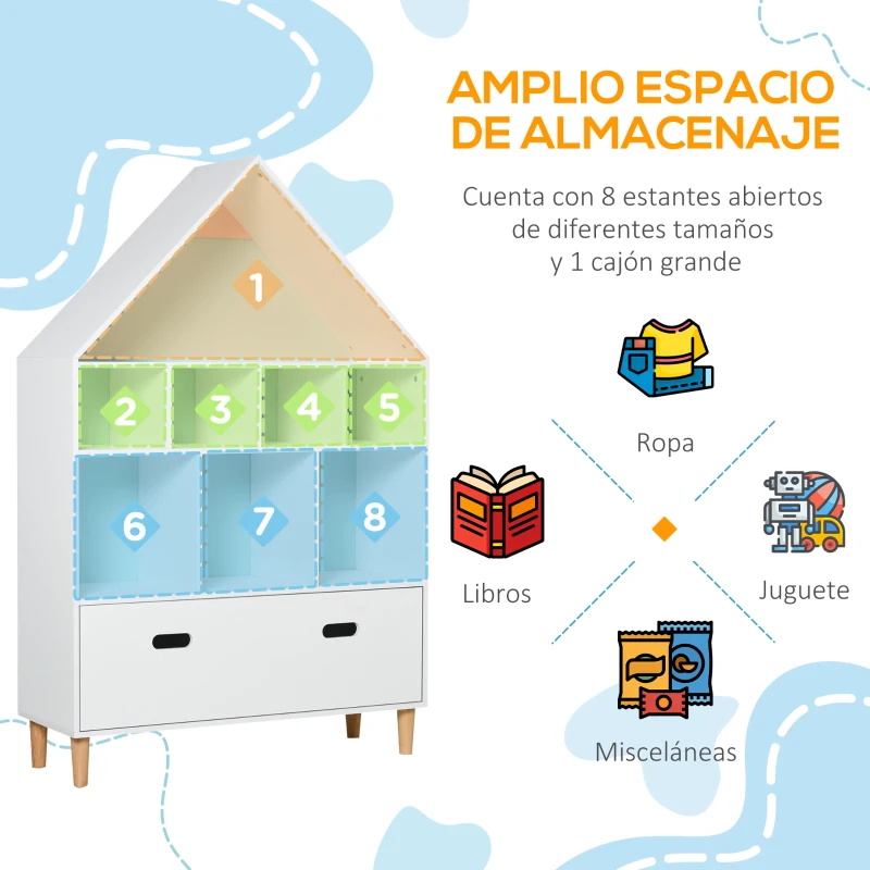 HOMCOM Estantería de Madera Infantil Forma de Casa Librería para Niños con 8 Compartimentos Abiertos y Cajón de 2 Colores 82x30x126 cm Blanco