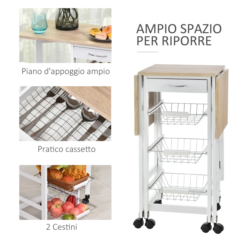 HOMCOM Carrello Portavivande Pieghevole a 6 Ruote con 3 Cestini, Cassetto e 2 Ribalte, Carrellino per Cucina in MDF e Metallo, 37x37x77.5 cm, Bianco e Legno