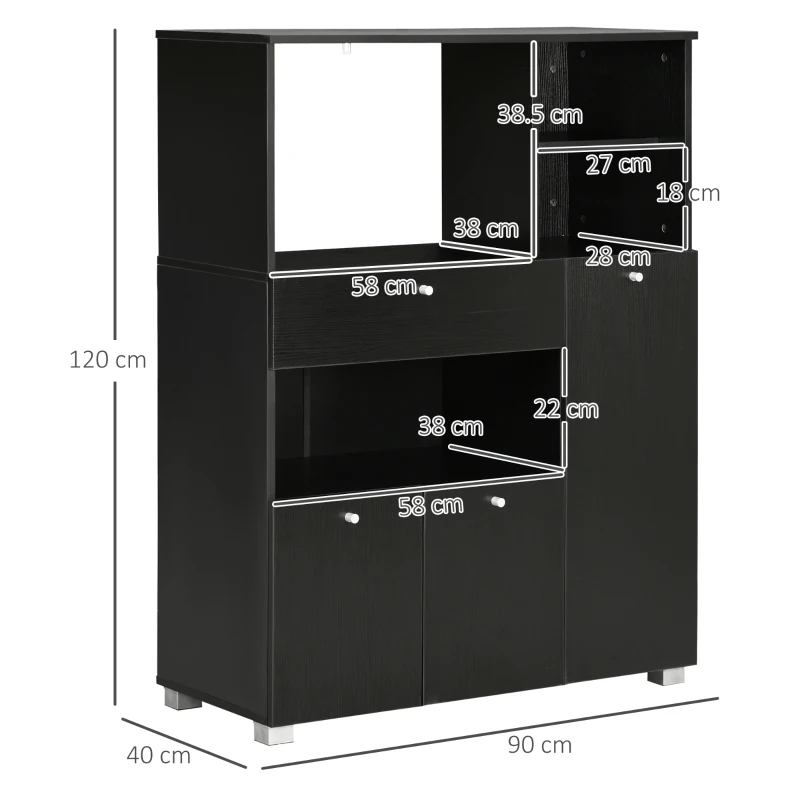 HOMCOM Credenza da Cucina in Legno per Microonde con Armadietti, Mensole e Cassetto, 90x40x120 cm, Nero