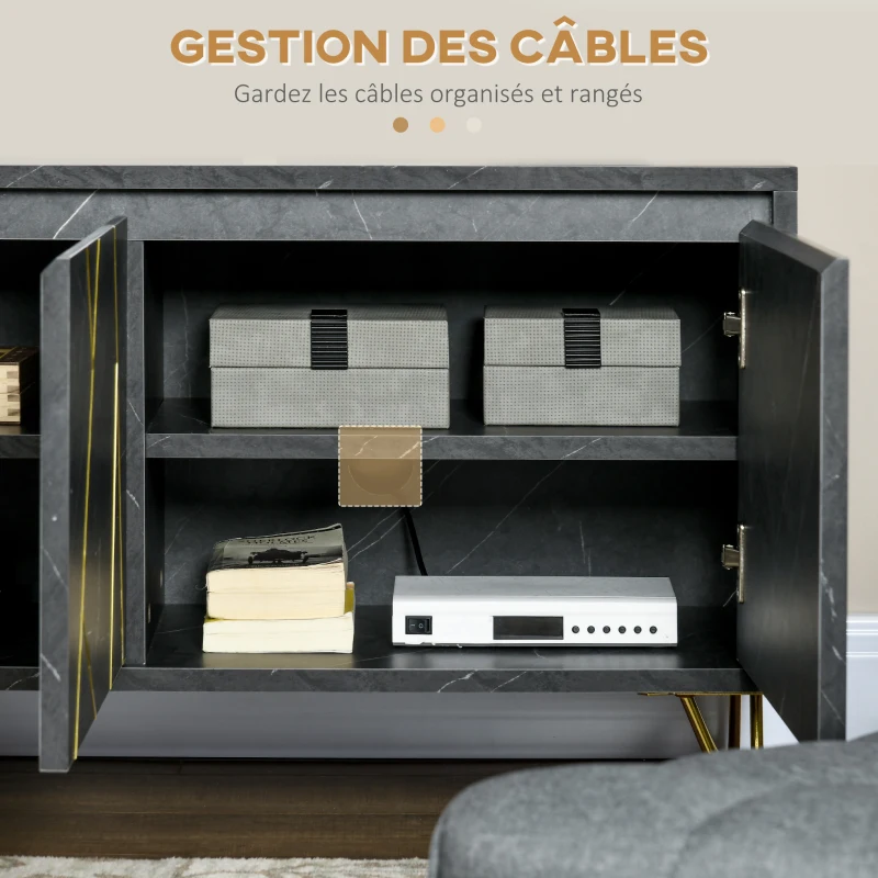HOMCOM Meuble TV banc TV jusqu'à 65 pouces texture longueur 147 cm effet marbre 2 placards 3 portes à amortissement étagères réglables passe-câbles charge 100 Kg - 147 x 35 x 52 cm - pied en métal