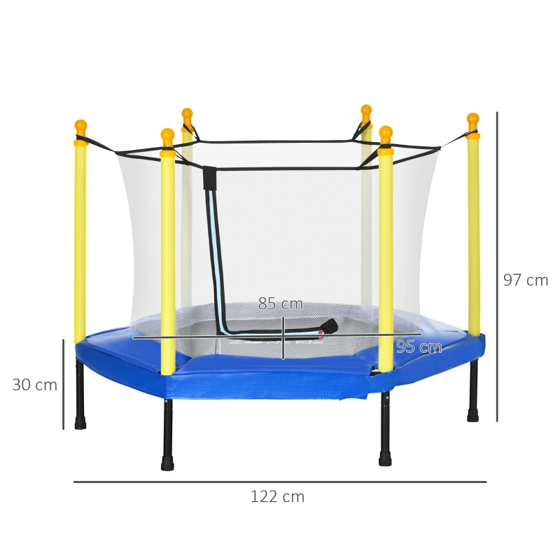 ZONEKIZ Cama Elástica para Niños de 3-6 Años con Red de Seguridad para Interior Carga 50 kg 122x122x97 cm Azul