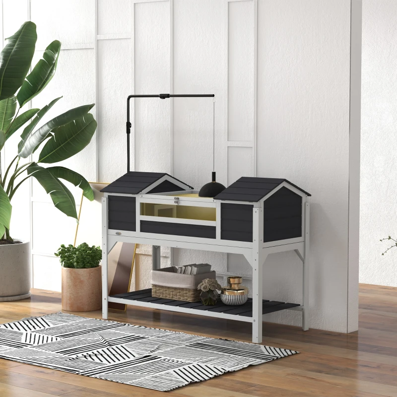 PawHut Wooden Tortoise Enclosure w/ Adjustable Lamp Holder, Openable Lid, Dual Main Houses, Storage Shelf, Fixed Tray - Grey