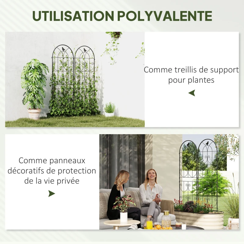 Outsunny Support pour plantes grimpantes avec oiseaux lot de 2 treillis de jardin pour légume vigne fleur métal 50 x 150 cm noir