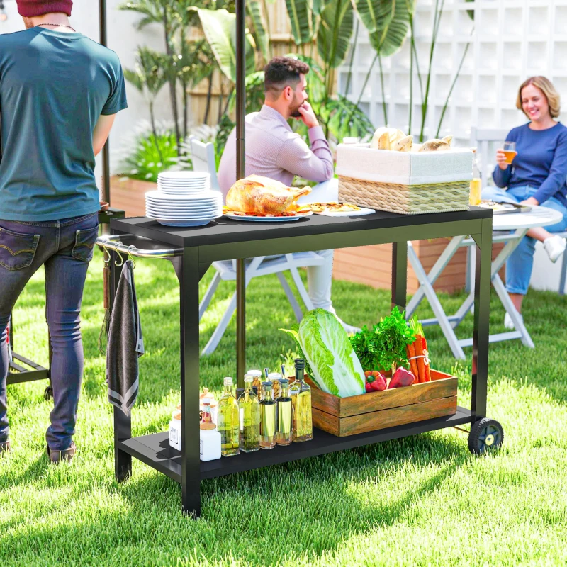 HOMCOM Desserte de jardin en acier chariot de service à roulettes avec plan de travail 135 x 55 x 86,5 cm noir