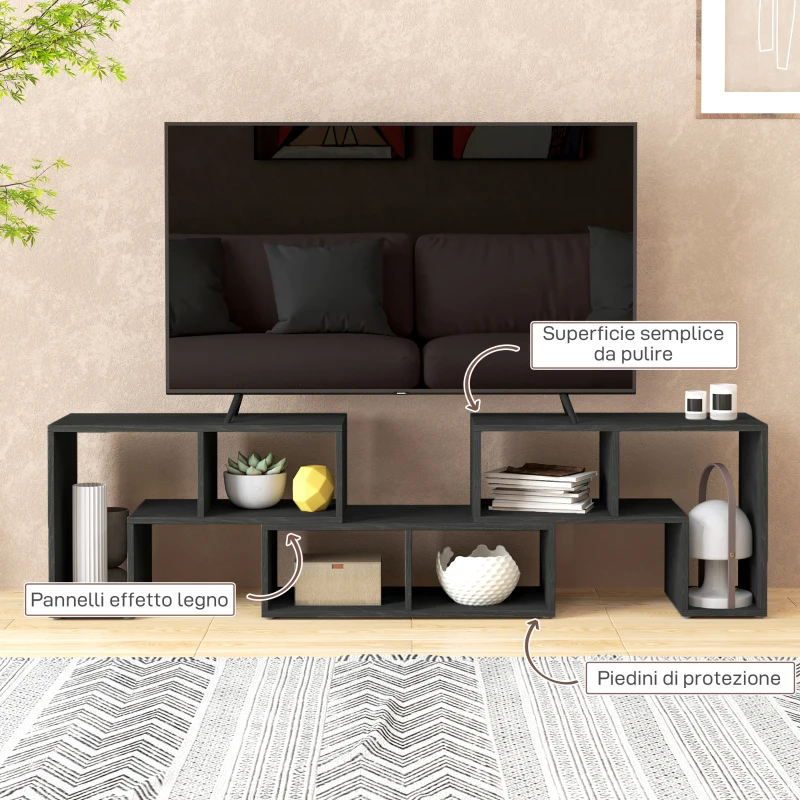HOMCOM Mobile TV 75" max Modulabile con 2 Ripiani a L e Mensola Rettangolare, in Legno, 134-180x30.5x44 cm, Nero