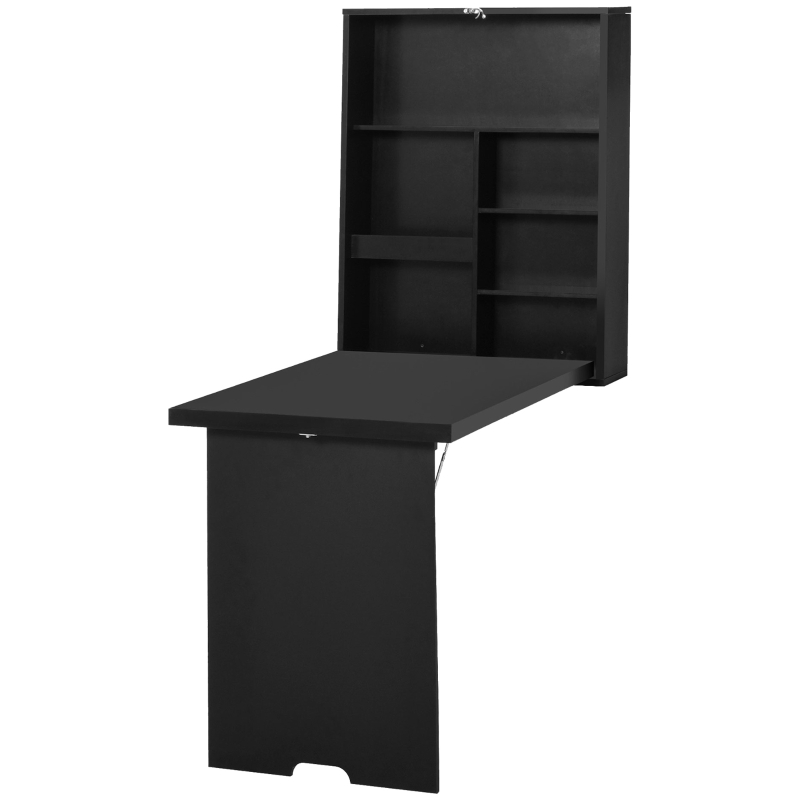HOMCOM Folding Wall-Mounted Drop-Leaf Table, Convertible Wall Table With Chalkboard and Storage Shelf, Multifunctional Floating Desk for Home Office, Black