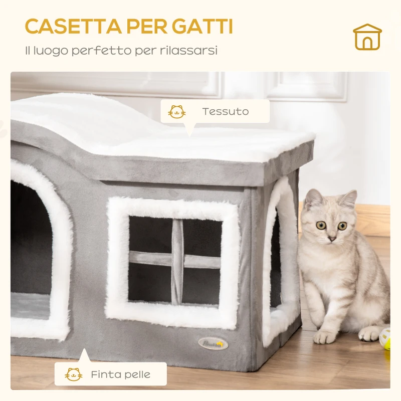 Pawhut Casetta per Gatti da Interno con 2 Entrate, Finestra e Base Antiscivolo, 63.5x37x40 cm, Grigio
