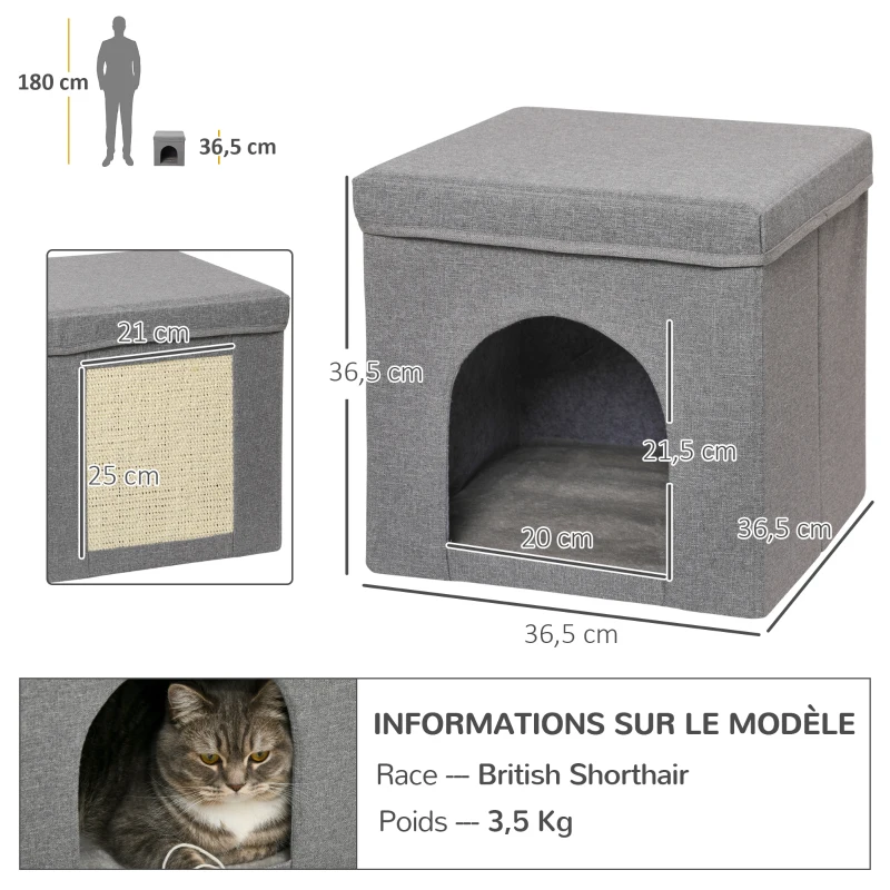 PawHut Niche maison pour chat cube pliable avec plateau griffoir coussin moelleux tissu aspect lin 36,5 x 36,5 x 36,5 cm gris