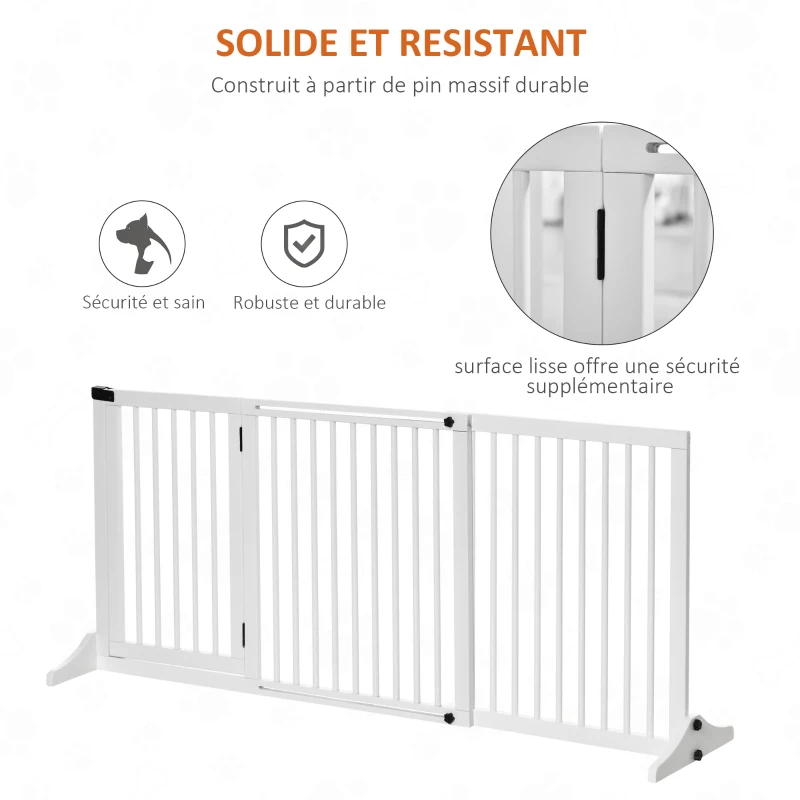 PawHut Barrière de sécurité chien barrière autoportante longueur réglable porte verrouillable intégrée dim. 113-166L x 36l x 71H cm pin blanc