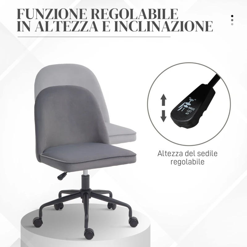 HOMCOM Sedia da Ufficio con Altezza Regolabile e Funzione Dondolo, Rivestimento in Tessuto Vellutato, Grigio