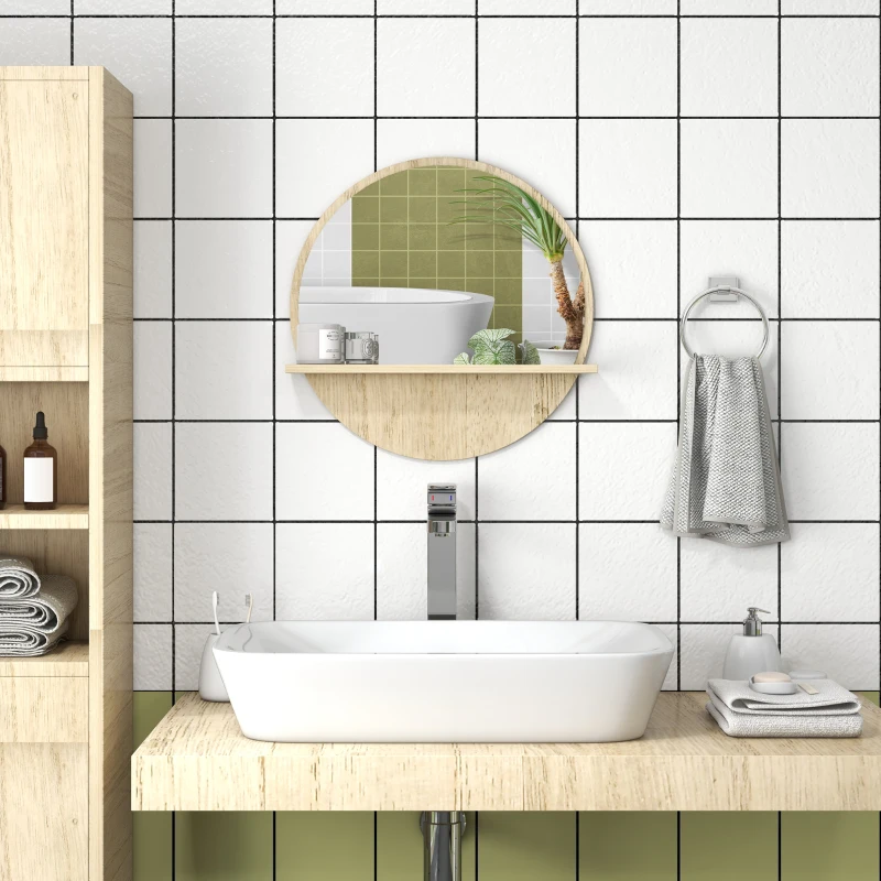 kleankin Specchio Bagno Rotondo in Truciolato e Vetro con Ripiano Portaoggetti e 2 Ganci Posteriori, Ø45x10 cm
