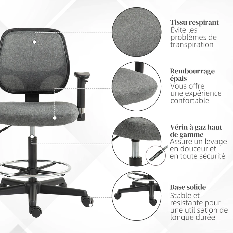 Vinsetto Fauteuil de bureau assise haute réglable, accoudoirs, dim. 60l x 57P x 97-119H cm sur roulettes, gris