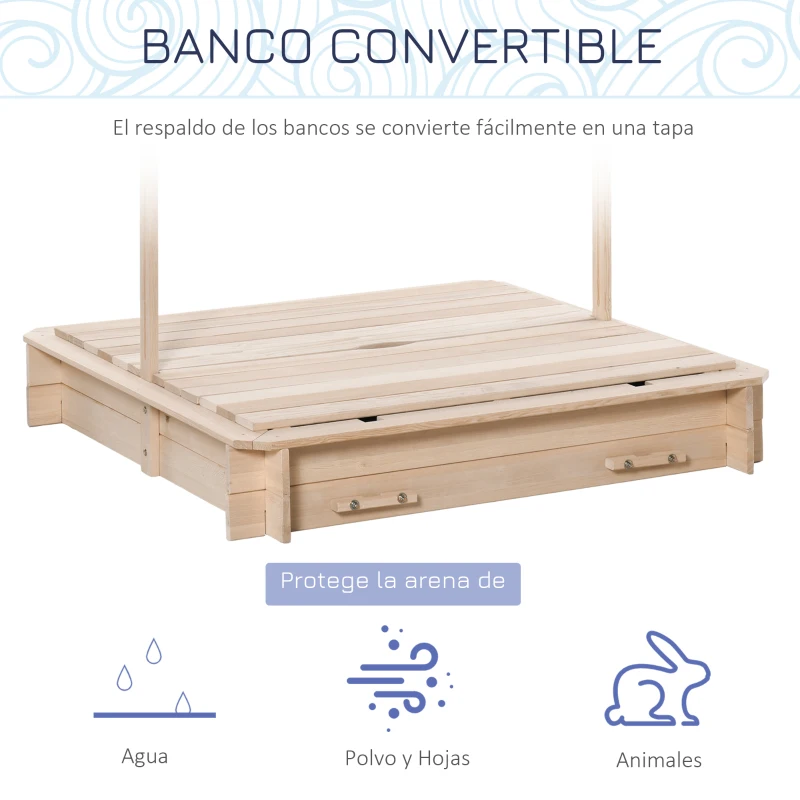 Outsunny Arenero Infantil con Toldo Ajustable en Altura 2 Bancos y Respaldos Desmontables para Patio 106x106x115 cm Natural