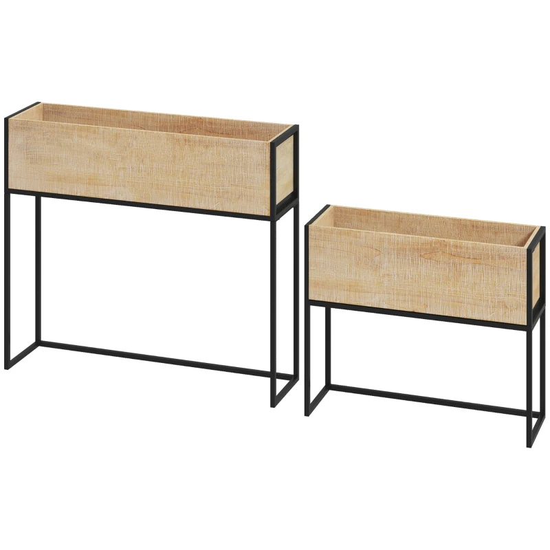 Outsunny Lot de 2 jardinières sur pieds en bois et métal 2 tailles 80 x 20 x 70 cm - 60 x 20 x 50 cm noir et naturel