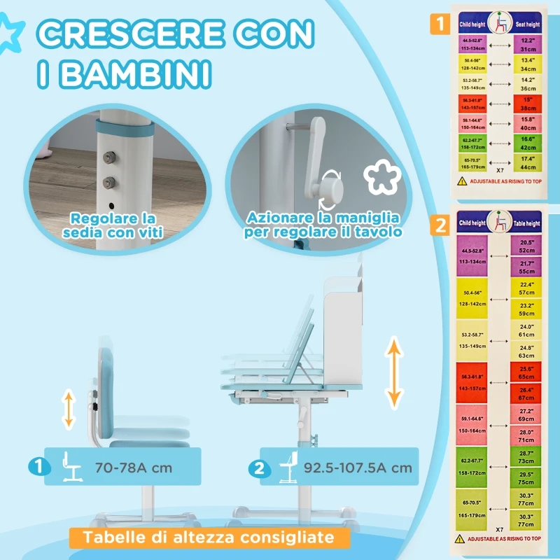 AIYAPLAY Set Scrivania e Sedia per Bambini Regolabili, Banco Scuola con Piano Inclinabile, Cassetto, Scaffale, Blu