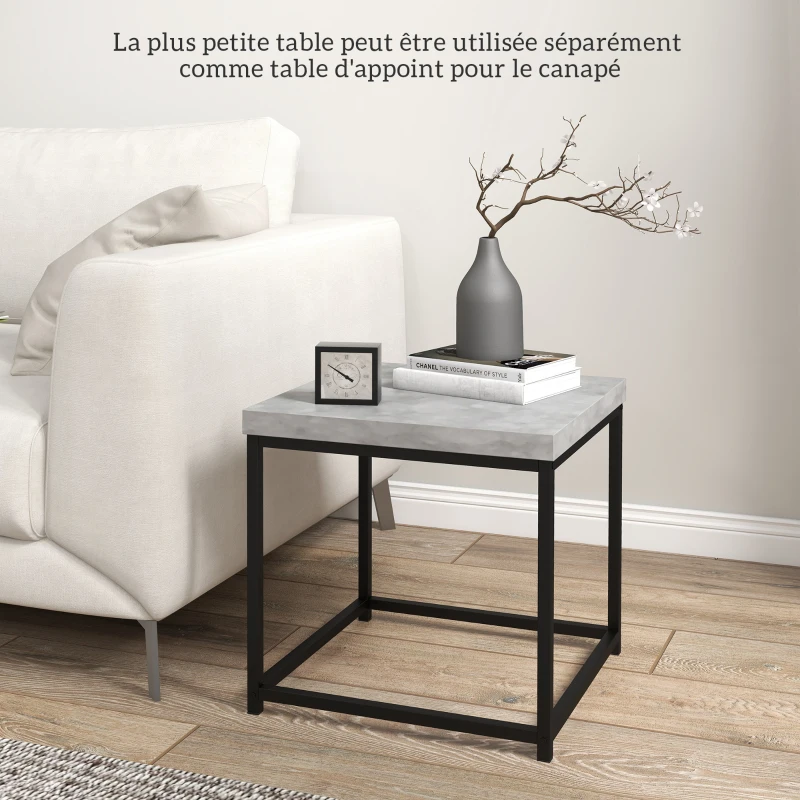 HOMCOM Lot de 2 tables gigognes tables basses carrées tables de salon cadre en acier et plateaux en bois gris