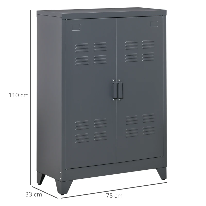 HOMCOM Armoire de bureau à 3 niveaux, meuble de rangement bureau métallique avec 2 portes et étagères réglables, armoire à dossiers pour le bureau à domicile, le garage, gris
