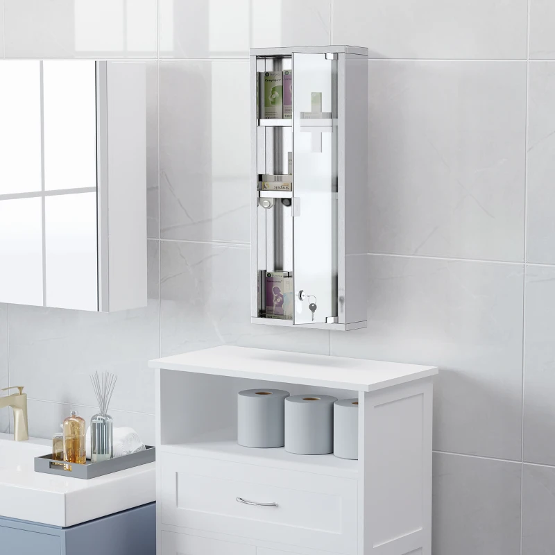 kleankin Armoire à Pharmacie 2 étagères 3 Niveaux 20L x 12l x 58H cm Porte Verre trempé Symbole Croix Acier INOX.