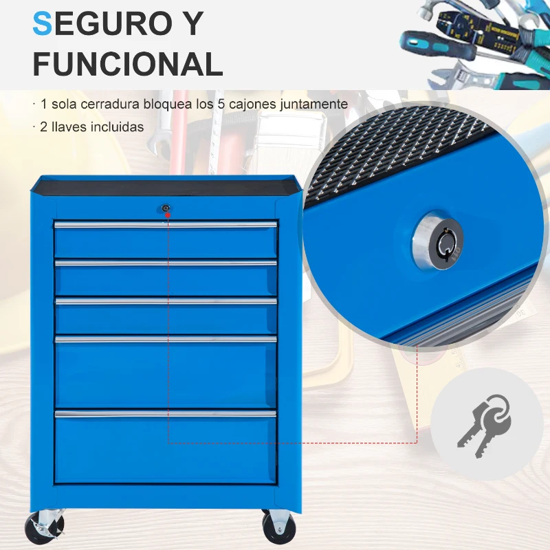 HOMCOM Carro de Herramientas para Taller con Ruedas 5 Cajones Armario con Cierre y Asa Lateral 61,5x33x82,5 cm Azul