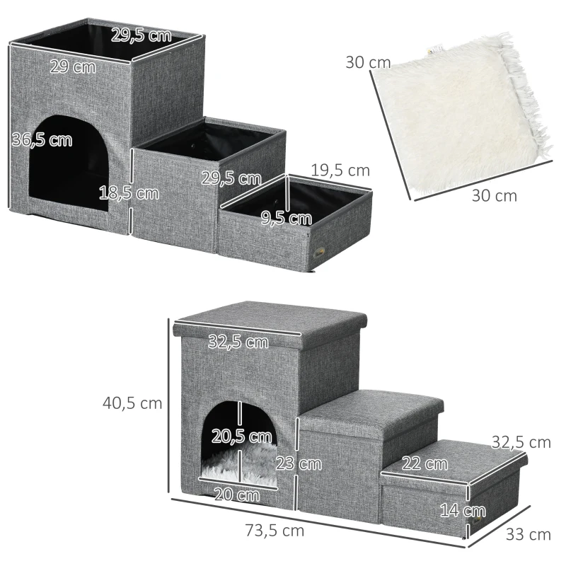 PawHut Escalera para Mascotas de 3 Peldaños 2 Cajas de Almacenaje Cueva y Cojín para Cama Sofá 73,5x33x40,5 cm Gris