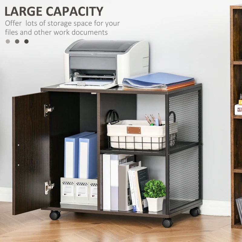 HOMCOM Printer Stand Home Office Mobile Storge File Cabinet Organizer with Castors, Door, Walnut Brown