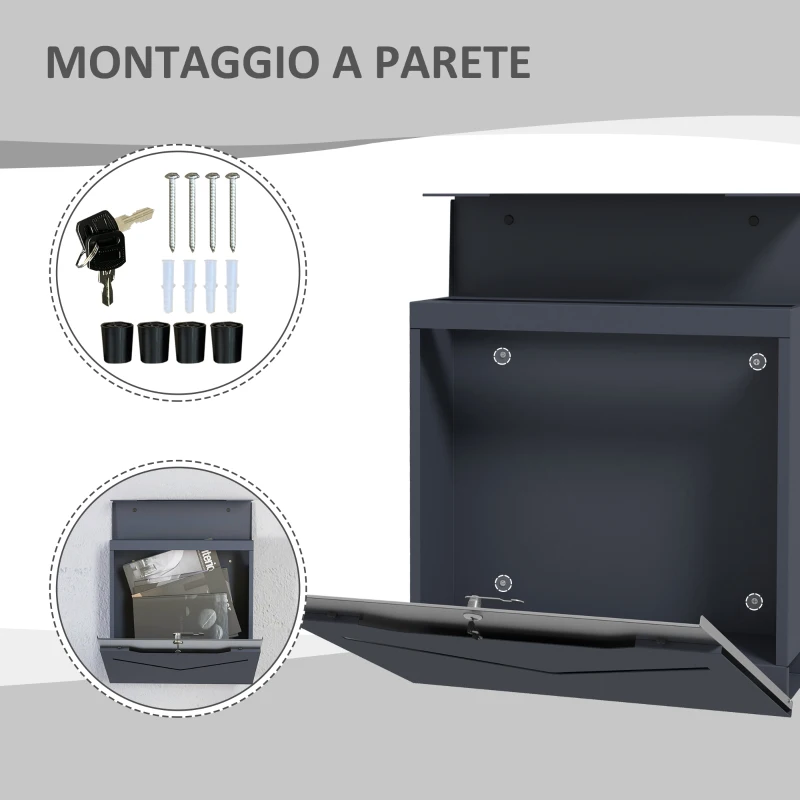 HOMCOM Cassetta Postale in Acciaio con 2 Chiavi di Sicurezza, Fessura a V e Foro di Drenaggio, 37x10.5x37 cm, Grigia